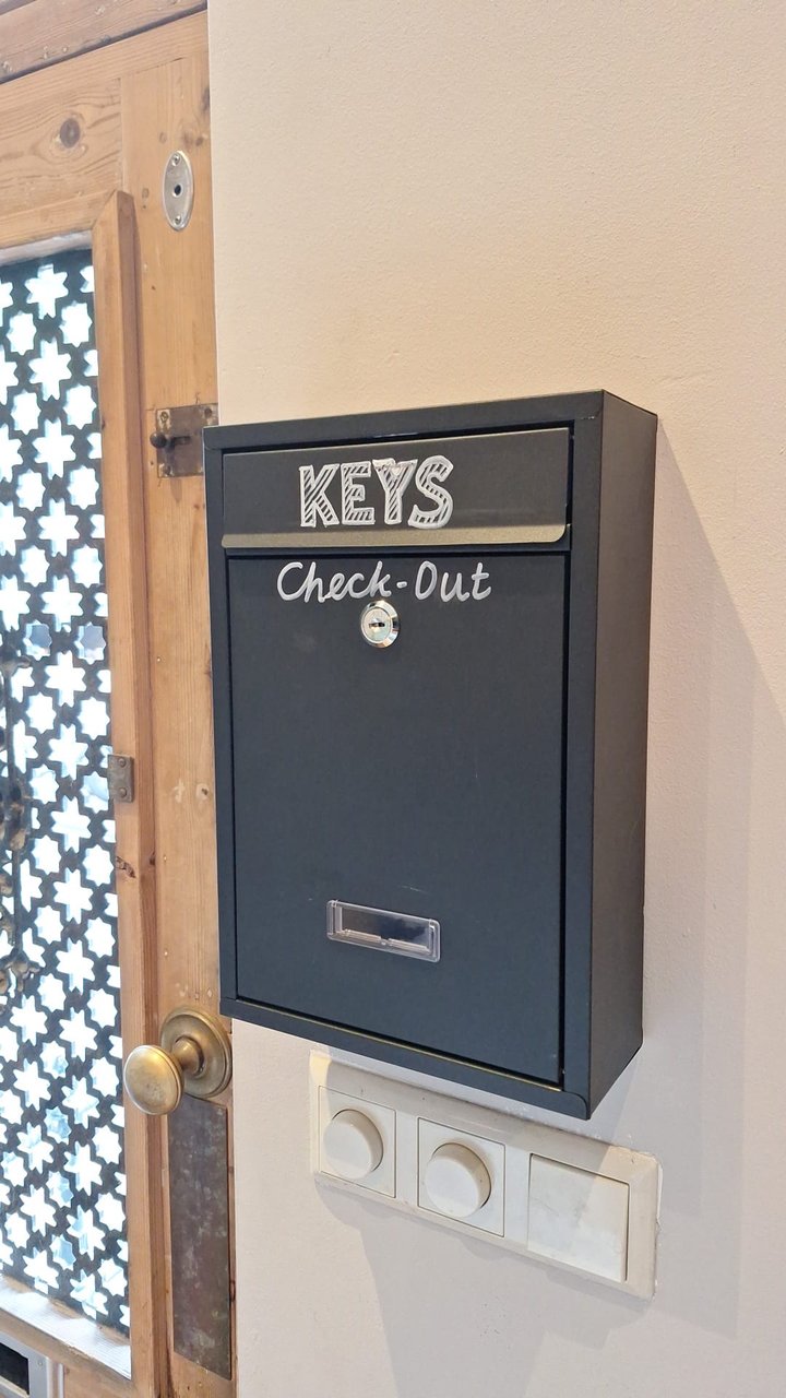 The black check-out key box next to the front door